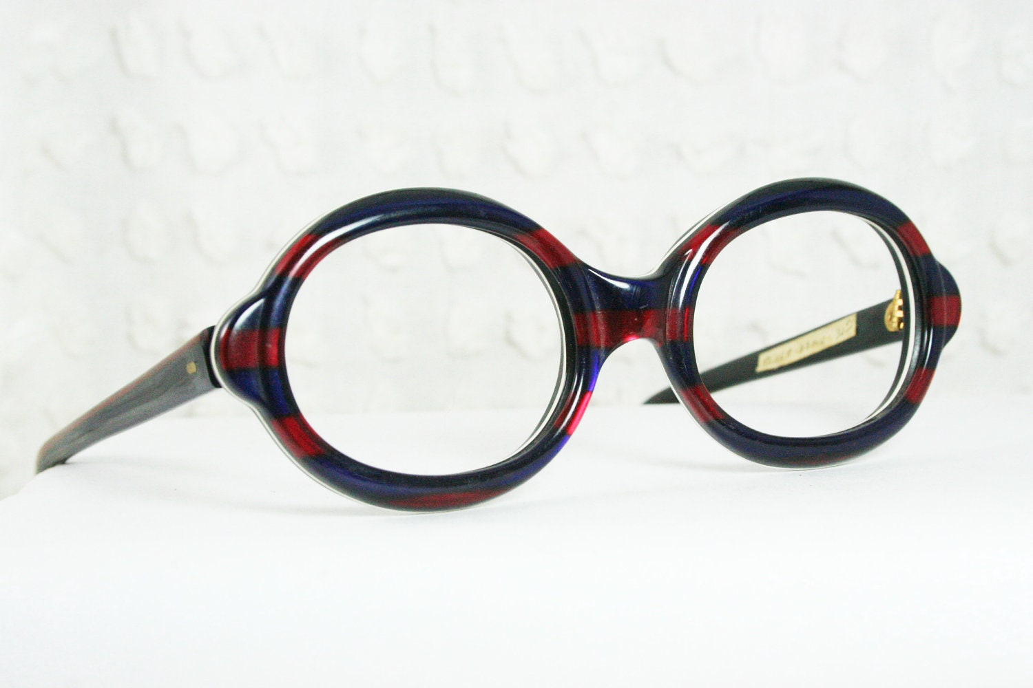 Vintage 60s Christian Dior 1960's Round Eyeglasses Red and Blue Primary Stripe Thick Horn Rim Frame 48/22 NOS Authentic Designer