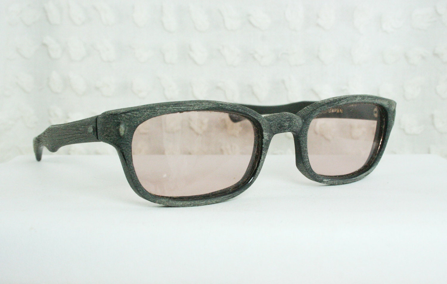 1960's Sunglasses Black Horn Rim Rectangular Frame Mod Light Pink Rose Tint Non Prescription Lens New Old Stock