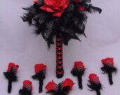 12pc Custom Premium Bridal Wedding Set Bouquet Roses Polka Dot Guinea Feathers Hen Your Colors