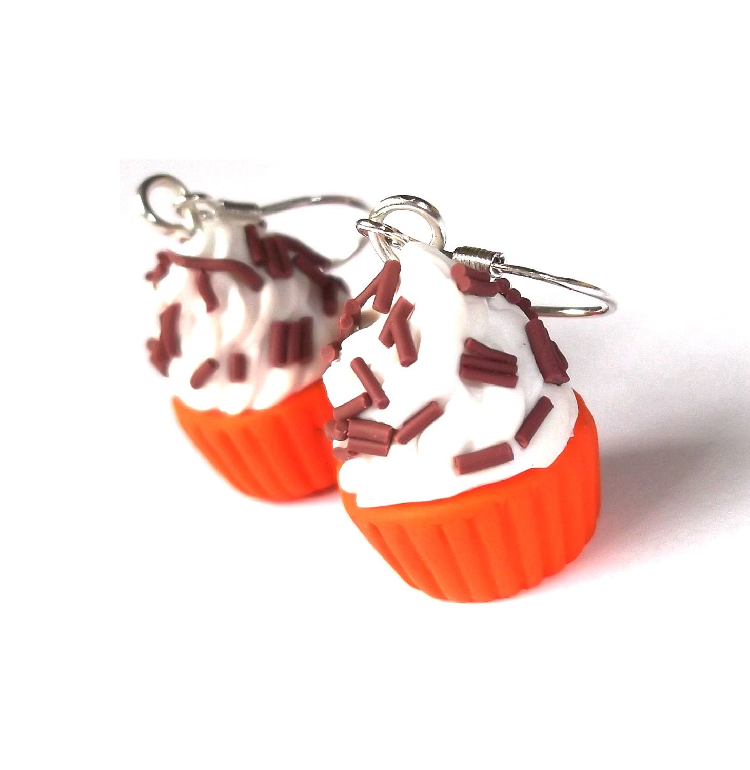 Cupcake Orange Earrings Polymer Clay Chocolate Fake Sprinkles Topping, Kawaii Jewelry Fun Earrings