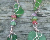 Beach Jewels. Wire Wrapped Sea Glass Earrings. Long green sea glass earrings with pink beads. ON SALE WAS 15.00