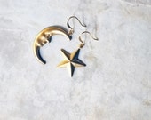 LOW STOCK - no. 114 - vintage brass crescent moon and star earrings
