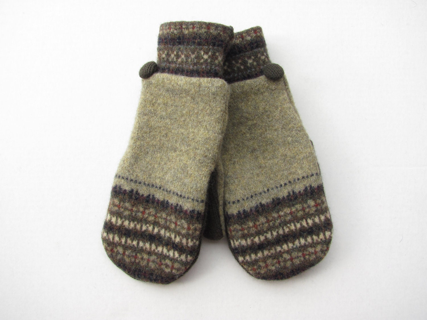 Wool Sweater Mittens From Recycled Sweaters Fleece Lined Olive Green and Navy Fair Isle