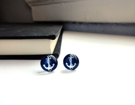 Anchor earrings - stud, post in navy blue and white - nautical jewelry gift for her under 25 , spring summer Valentine's Day