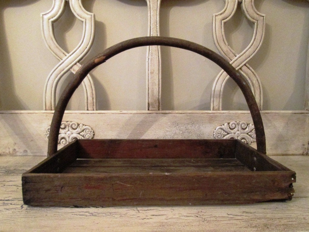 Vintage Wood Tray with Handle - Rustic Garden Tote