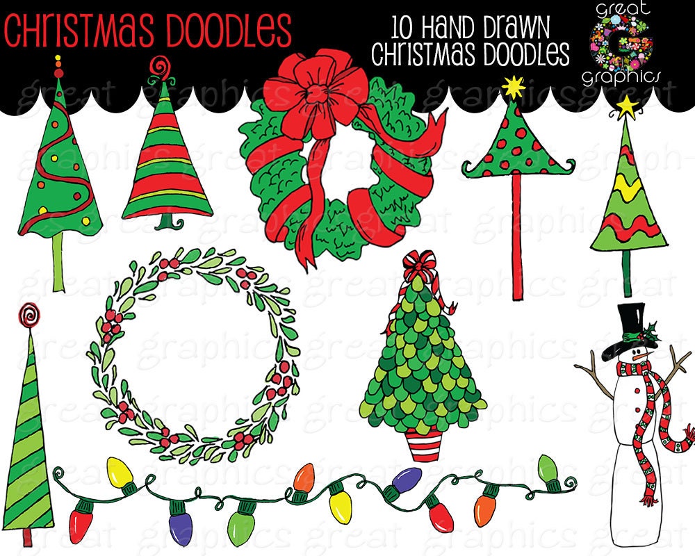 Christmas Doodle Clip Art, Christmas Tree Clip Art, Christmas Wreath Clip art, Holiday clipart, Invitation Clip Art Il_170x135