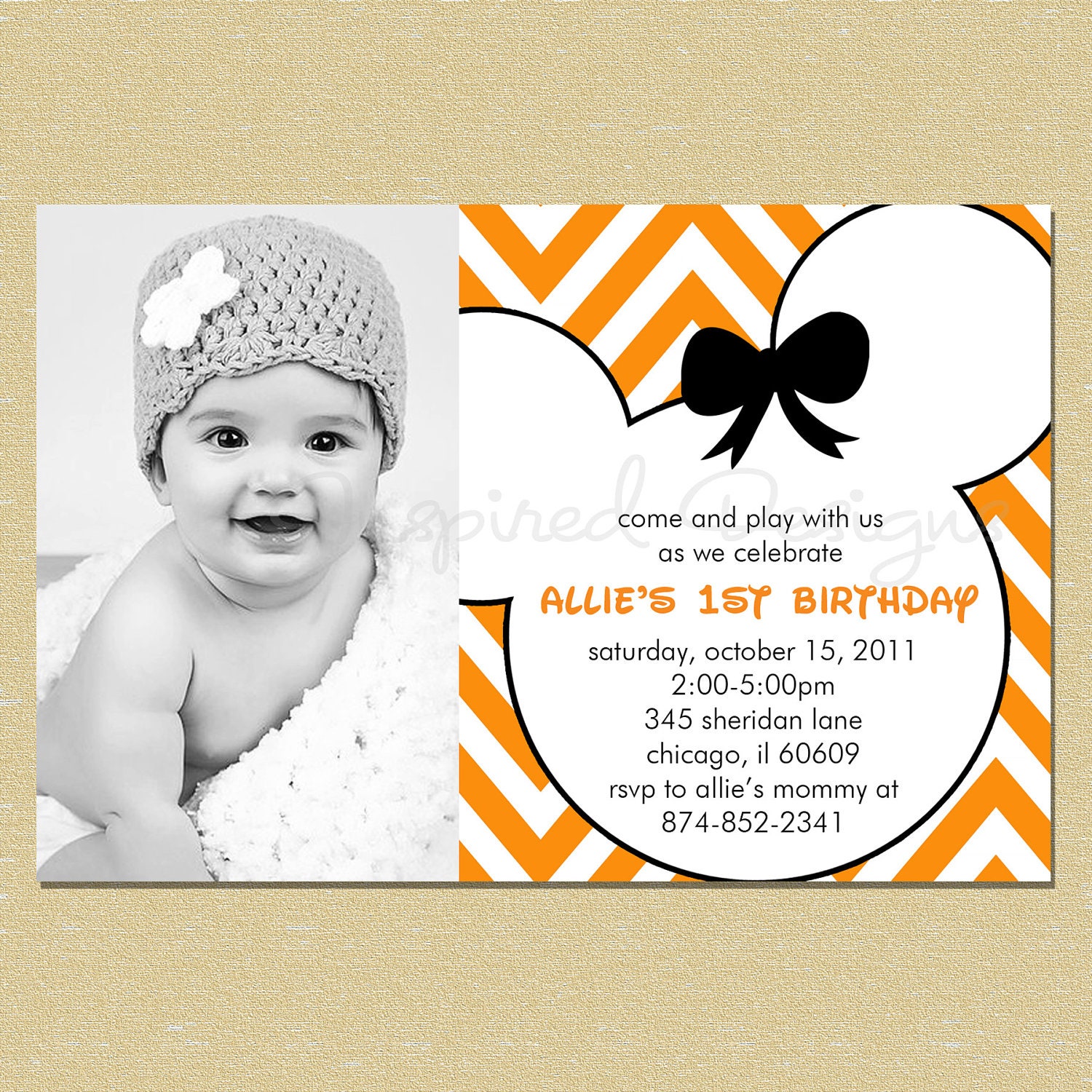 Mickey Mouse Chevron Fall Orange Birthday Invitation - Any Age - Girl or Boy Il_570xn