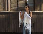 White Wraparound Shawl, Long Fringe Scarf, Crocheted Scarf , Womens Clothing Accessories