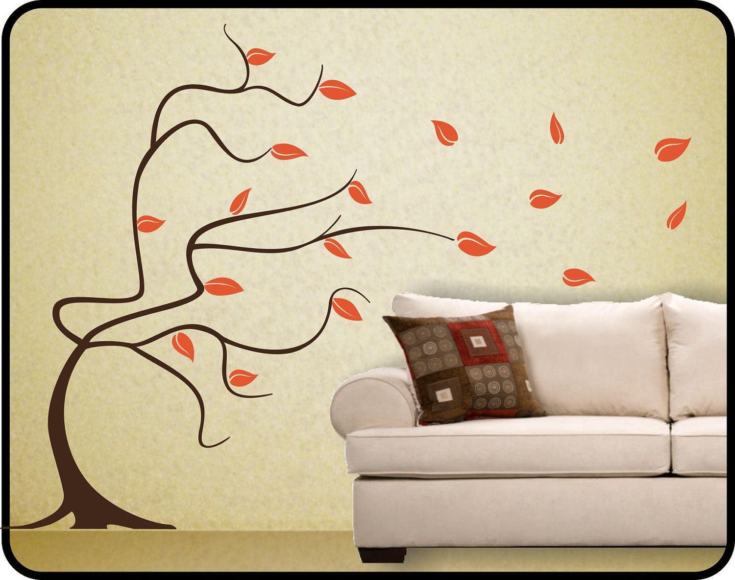 large whimsical BLOWING TREE & LEAVES Removable Vinyl Wall Decal mural
