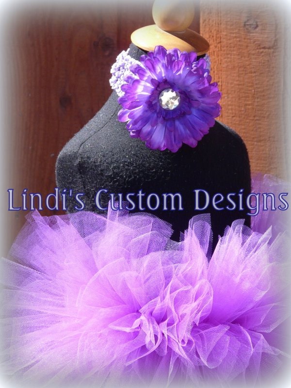 Newborn Infant Ribbon Waist Purple Tulle Tutu & Stretch Crochet Floral Headband 1st Photos, Baby Shower Gift