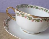 antique Haviland Limoges France tea cup and saucer set, green clover shamrocks, French tea set, good luck