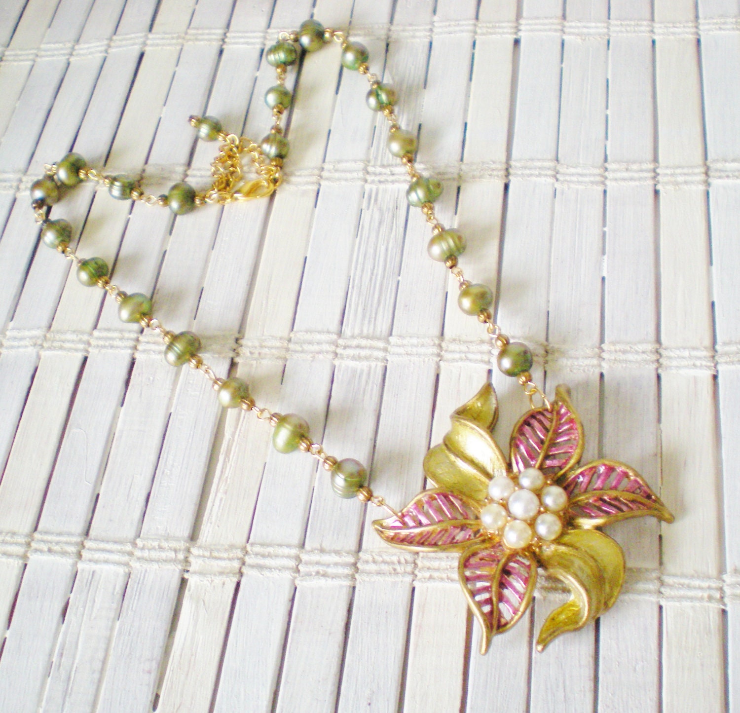 Metallic Flower Pendant Necklace - Freshwater Pearls - Repurposed Vintage - Handmade by RetroRevivalBoutique