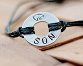 Custom Stamped Adjustable Boys Bracelet with zuni bear, Pick your own 3 initials, with adjustable brown cord, BB 133