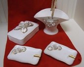 Lefton Matte White Handled Basket - Lidded Cigarette Box - 2 Ashtrays - Rose Motif