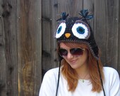 Owl Hat in Speckled Black, Teal & Brown (crochet ear flap animal beanie)