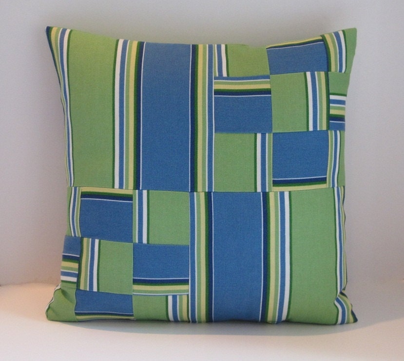 Blue Green Stripe Outdoor Canvas Pillow