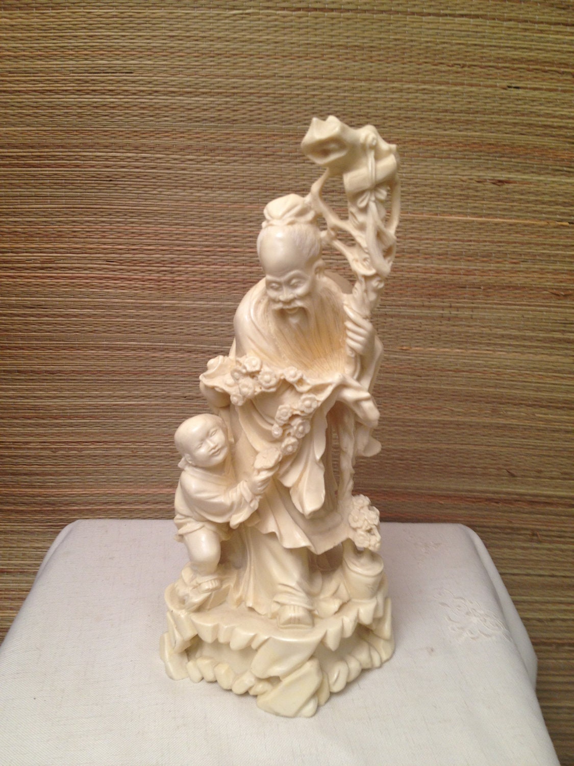 Large 13" Vintage Faux Carved Bone Ivory Chinese Man w/ BOY Figurine