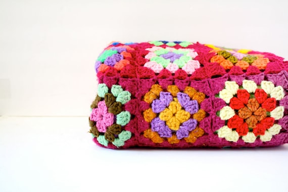Vintage crochet granny square yellow floral blanket