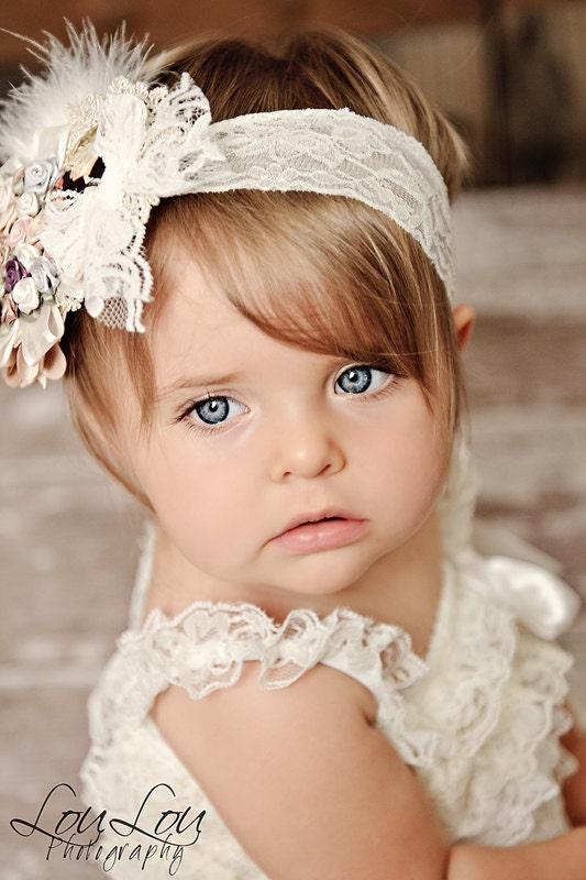 CAMEO COUTURE Pastel Ivory Rosette Lace Headband Photography Prop
