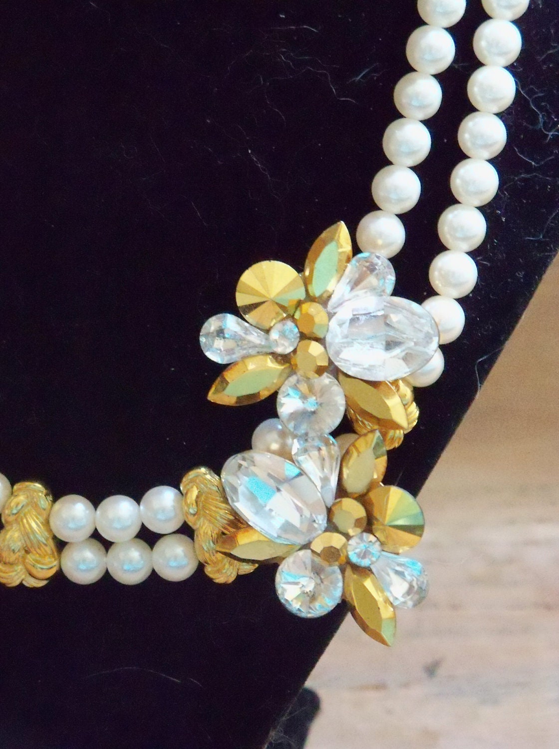 Upcycled Vintage Two Strand Necklace Gold Tone Beads White Faux Pearls Rhinestone Earrings Bride Wedding Holiday Special Occasion Gift Idea