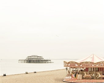 Beach photography, carousel, Brighton beach fine art photo, Yesterday's Brighton, 8x10