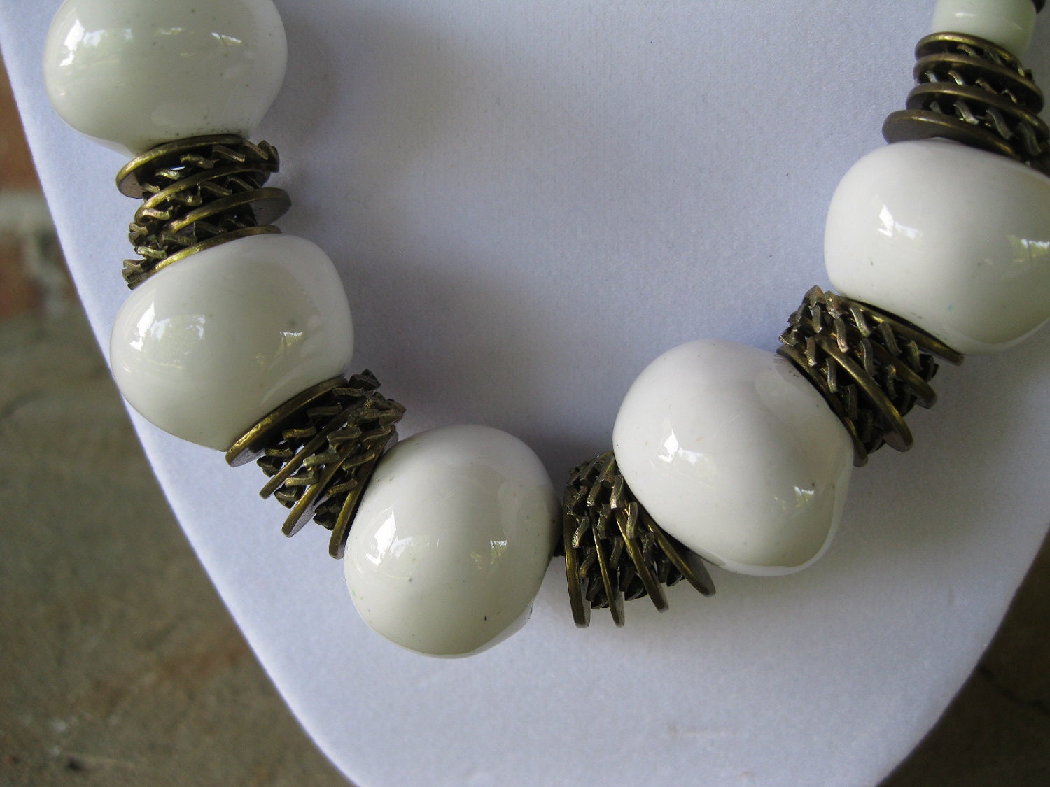 Milk Glass and Brass Necklace Vintage