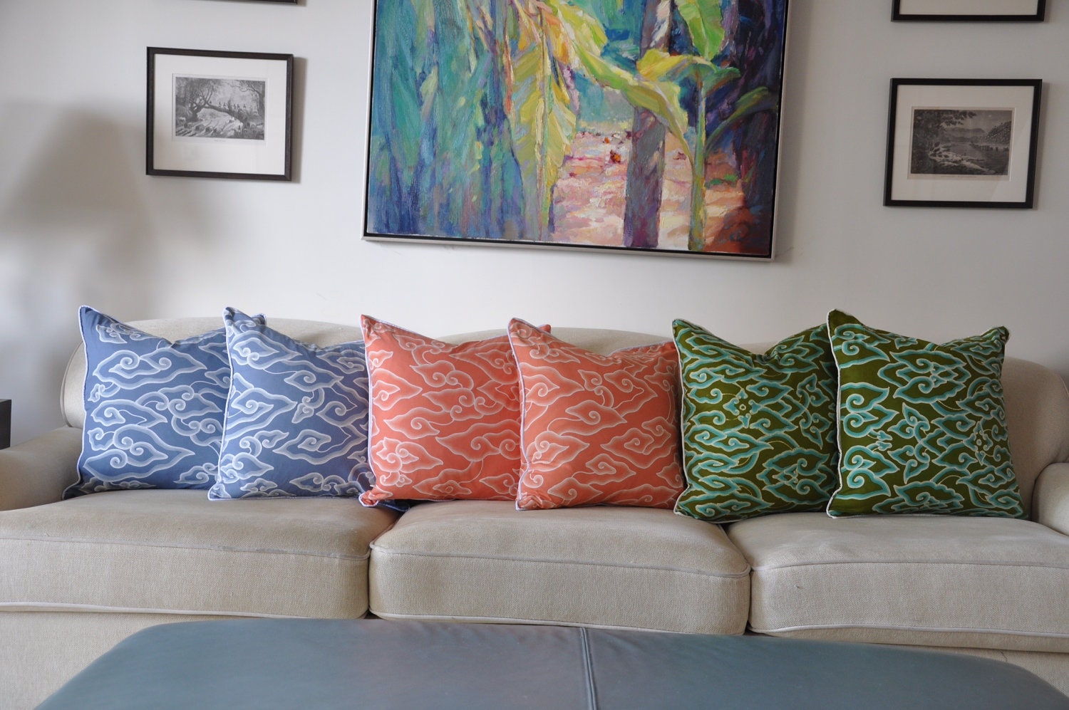 A Cloud Design Batik pillow in Green, Blue, and Pink
