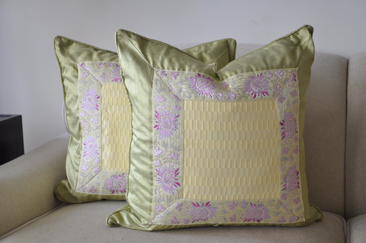 Lime Green and Yellow Silk Pillow with Special Floral Trim