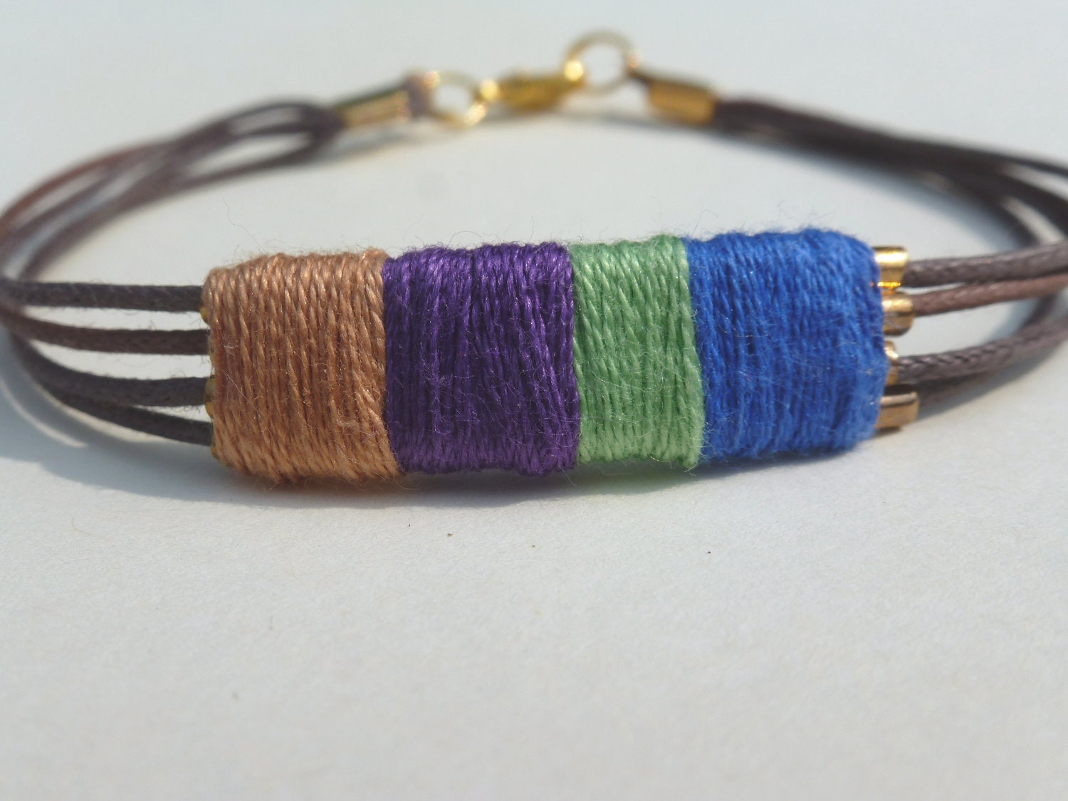 Peacock Coloured Thread Wrapped Bracelet: Gold Tube Wrapped Bracelet, Cotton Thread, Ombre, Friendship Bracelet