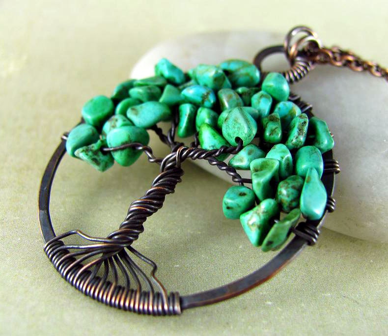 Copper Tree of Life Necklace With Green Turquoise Chip Beads Wire Wrapped Jewelry