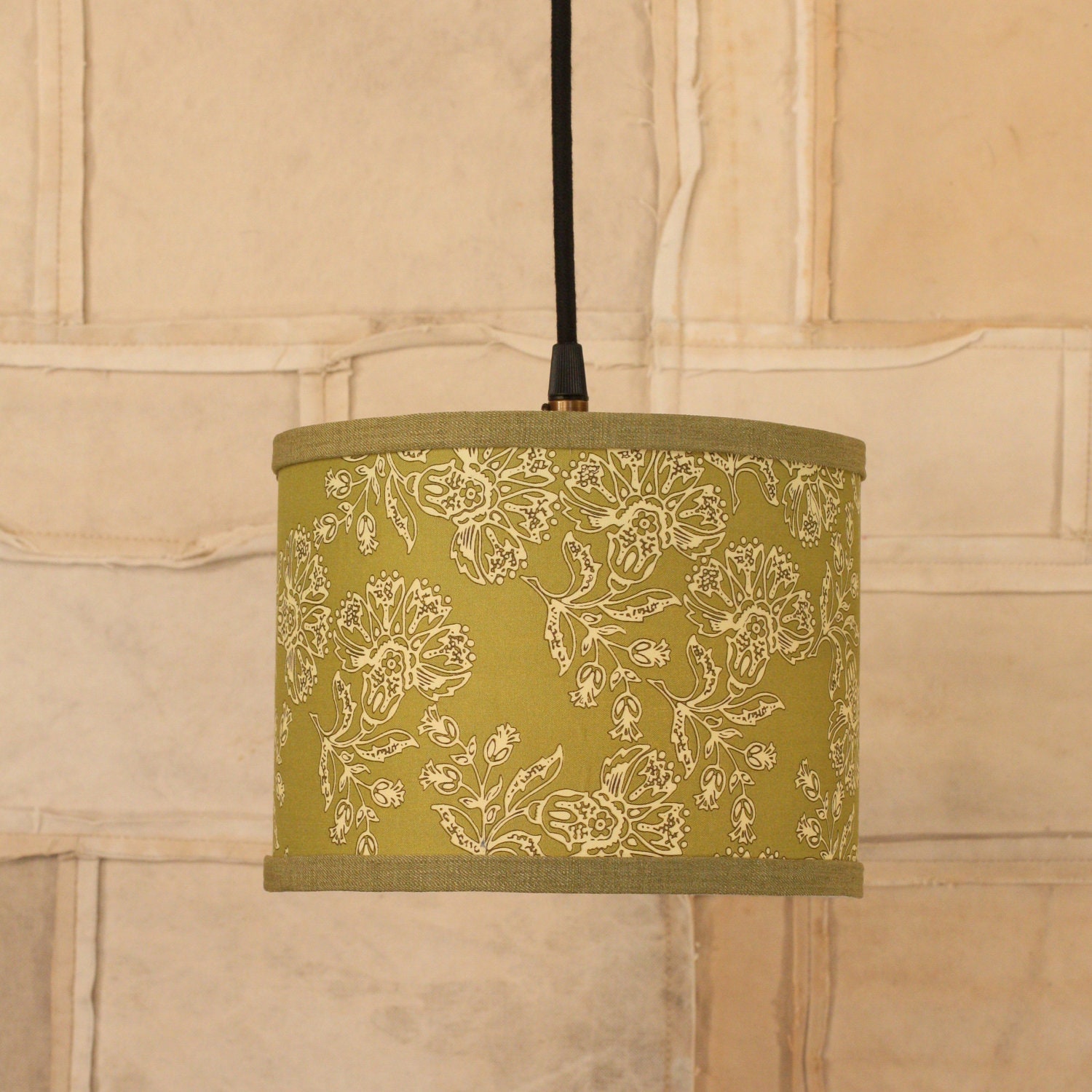 Drum Shade Lighting With Green Floral Fabric Drum Shade