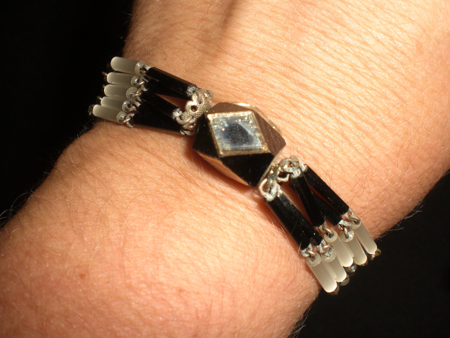 Vintage Black and White Czech Glass Mirrored Bracelet 1930s 1940s