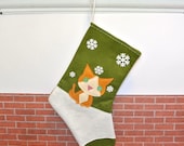 Orange Cat Christmas Stocking in Olive Green by Allenbrite Studio