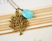 Tree Necklace, Tree Pendant, Tree of Life, Antique Brass Gold, Tree Branches, Turquoise Pendant, Nature, Vintage Inspired, Autumn Fashion