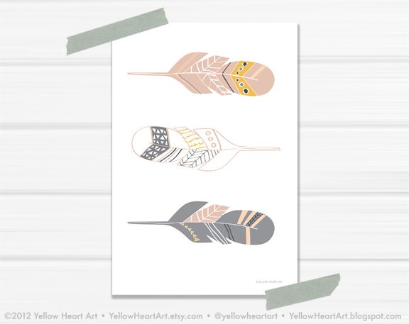 4x6 Graphic Art Print "Geometric Modern Feathers" by Yellow Heart Art in Peach, White, Gray and Mustard