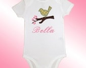 Onesie Bodysuit Baby Shirt - Personalized Applique - Perched Bird - Embroidered Short or Long Sleeved - Free Shipping