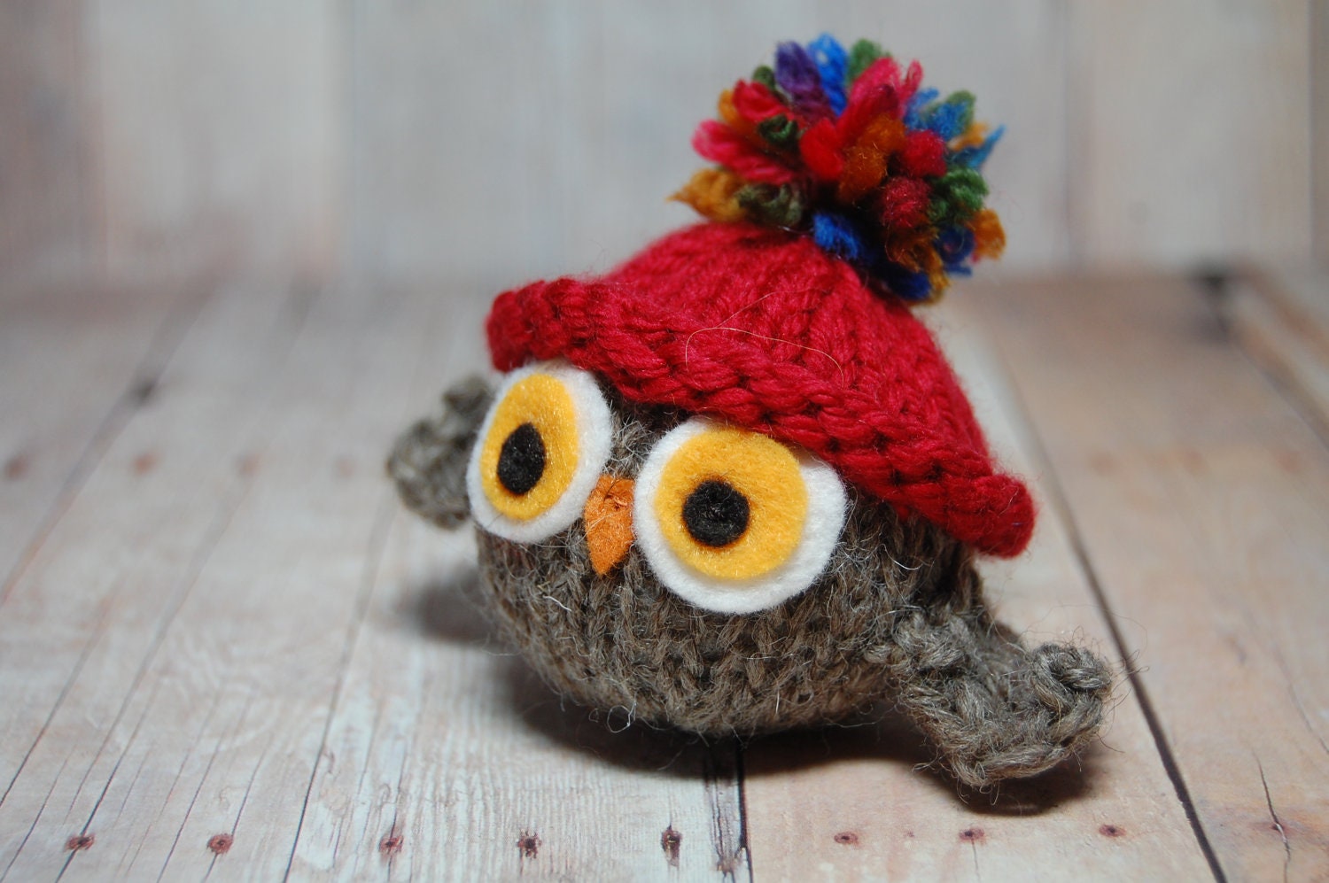 Knitted Toy Owl with Red Hat - Valentine Holiday Toy Ornament Halloween New Baby- Natural Fibers