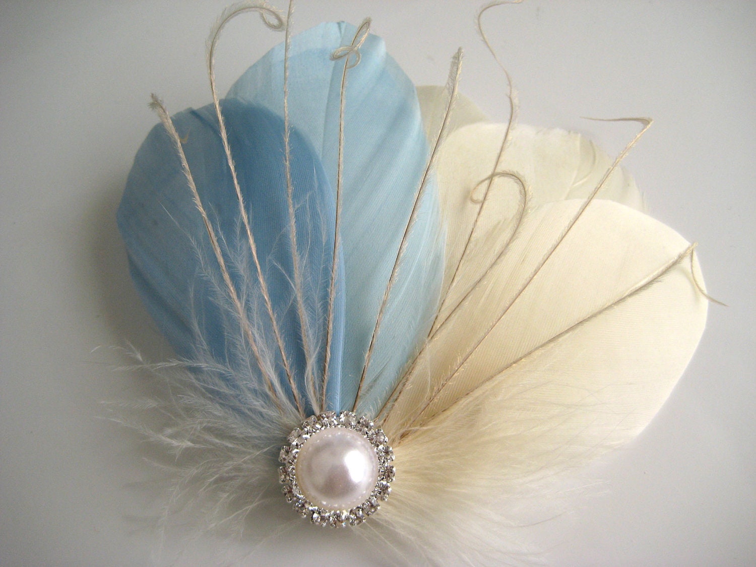 Wedding Bridal Bridesmaid Ivory Light Blue Feather Pearl Jewel Head Piece Hair Clip Fascinator Accessory