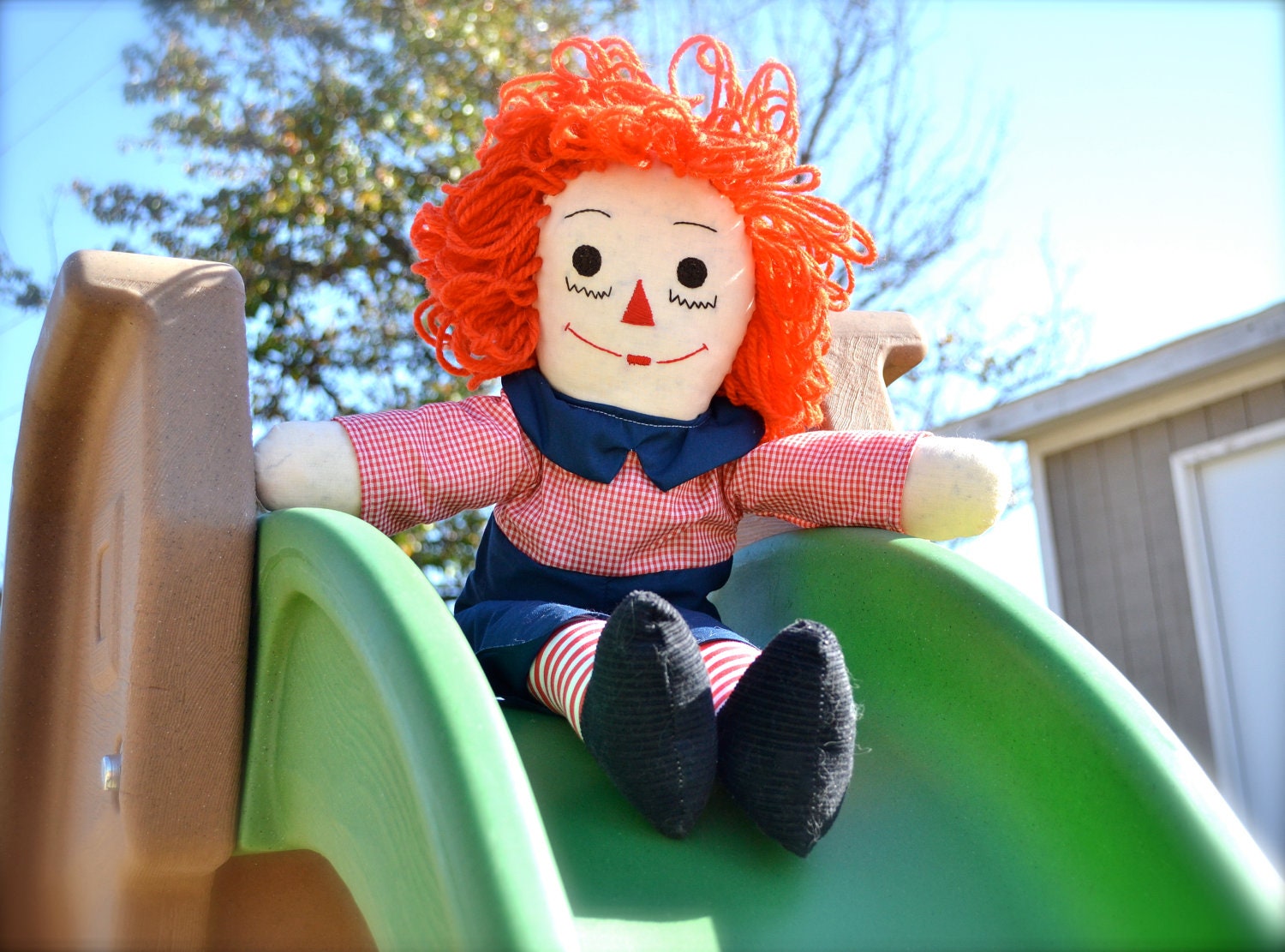 Raggedy Andy Vintage Doll Handmade Red Head Ann Yarn Checkered Shirt Blue Soldier Pants Striped Stocking Black Corduroy Shoes Children's Toy