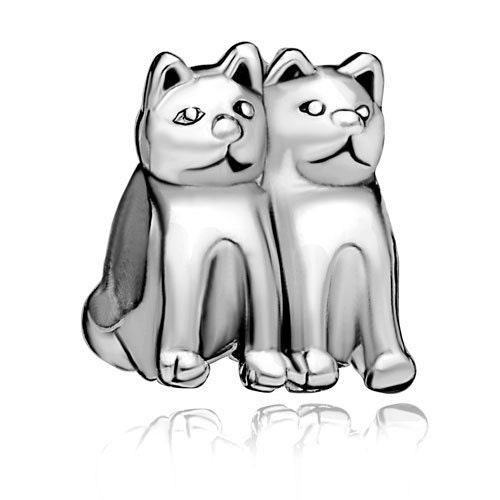 TWO CATS European CHARM Silver Plate Pugster Pet  Animal Kitten Kitty Feline Gift Jewelry Twins Bead