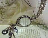 Mirror Necklace, Ornate Hand Mirror Pendant, Bridesmaid gift -Victorian Style Leaf Crystal Pearl Bow Roman Numeral Clock Necklace Snow White