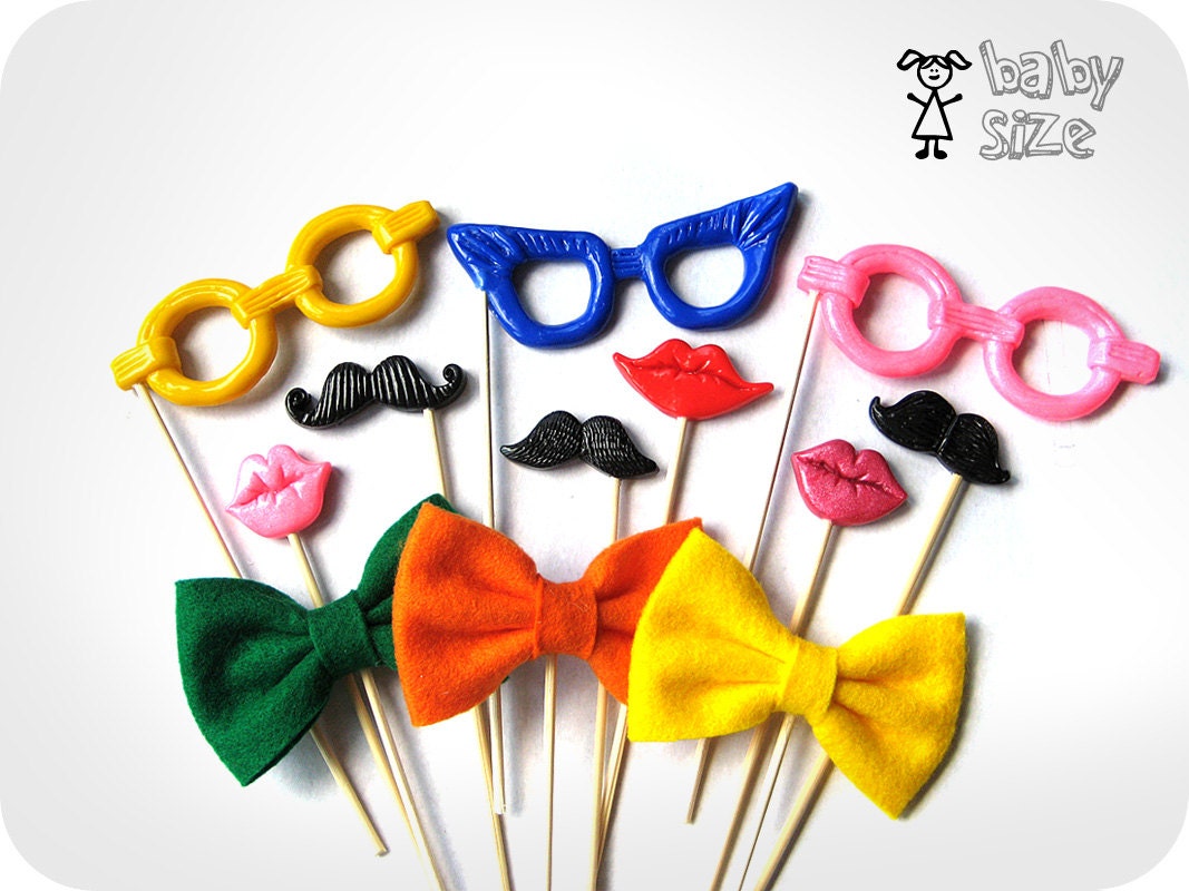 Photobooth Plastic Props - Baby size mustaches,lips, glasses and bow ties on sticks - Set of 12