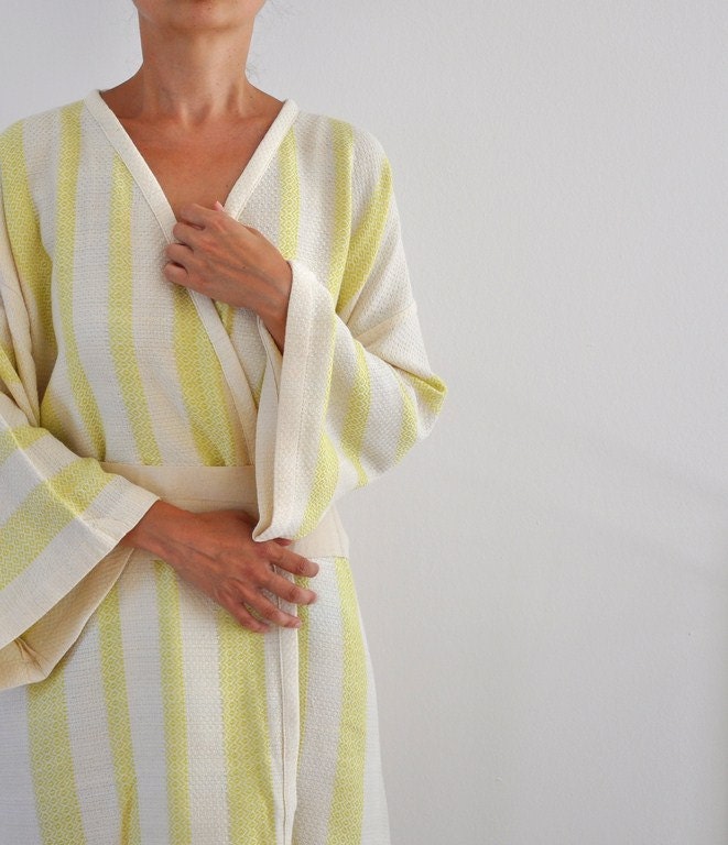 Kimono Robe Cotton Bath Robe Turkish Bath Towel Peshtemal Caftan Eco Friendly Extra Soft Yellow Neon Striped