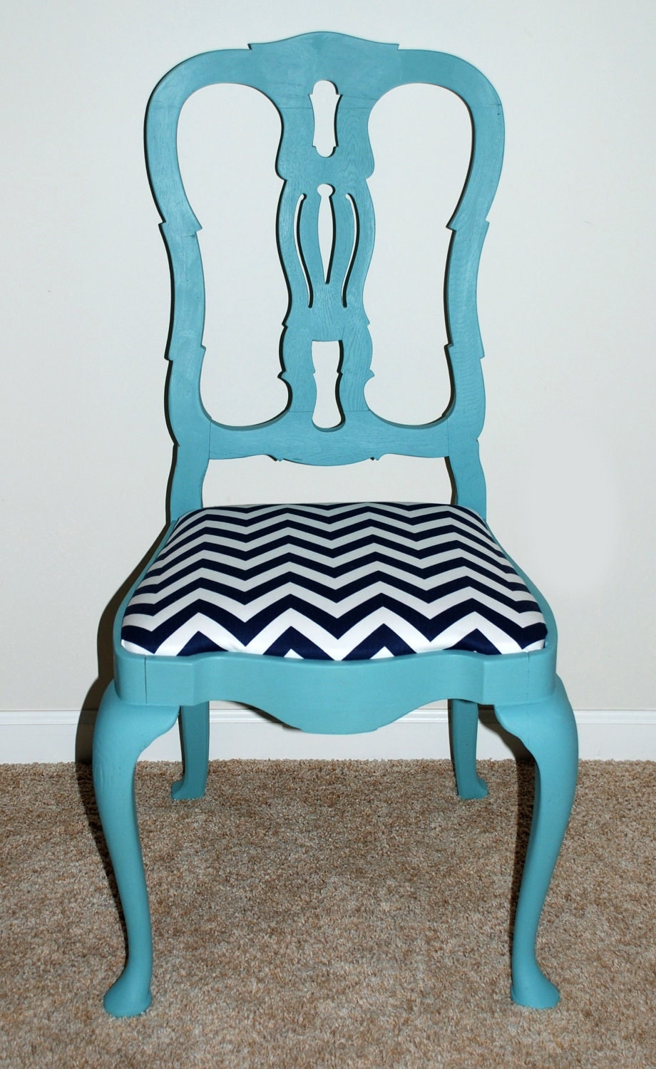 Refinished Turquoise and Chevron Print Chair by ElsAndWhistles