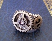 Steampunk Ring (Ring051) - Cast Metal Gears - Silver Plated Brass Filigree Adjustable Ring Band