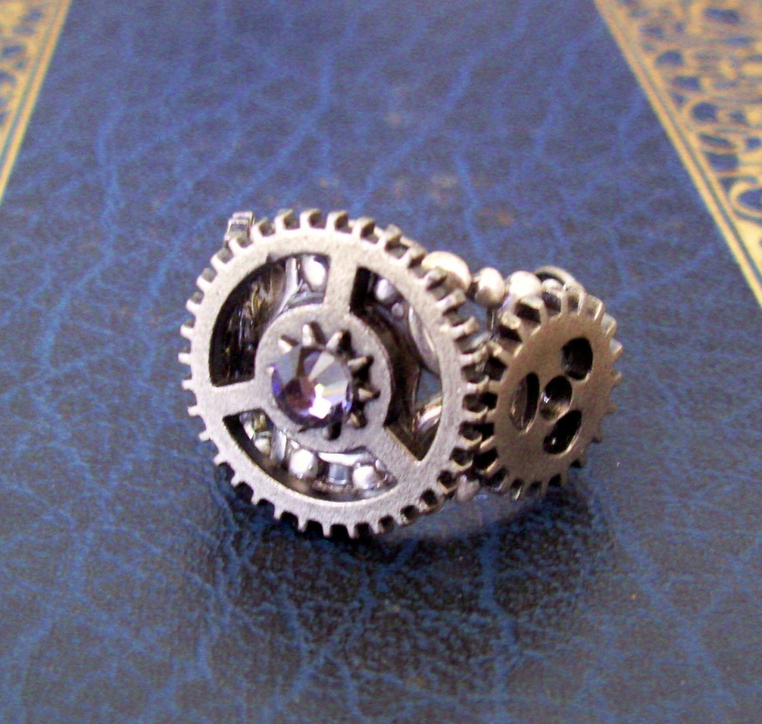 Steampunk Ring (Ring051) - Cast Metal Gears - Silver Plated Brass Filigree Adjustable Ring Band