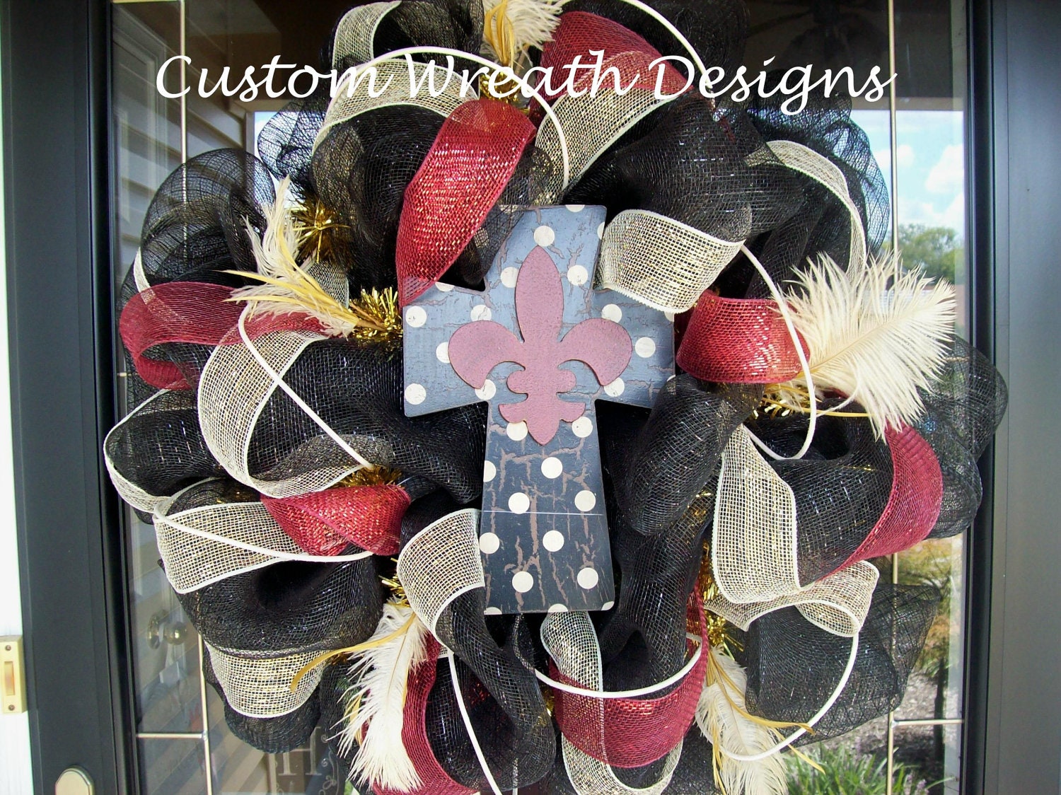 Polka Dot Fluer de Lis Cross Mesh Wreath