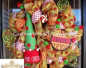 Merry Christmas Elf Hat Mesh Wreath with HoHoHo sign