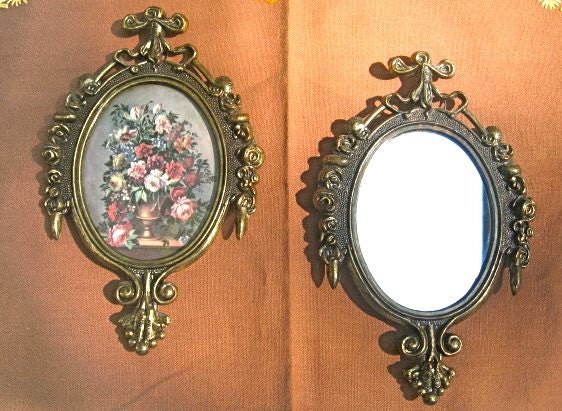 Vintage Pair Metal Frames Mirror Ornate Italy 6 in/15cm tall