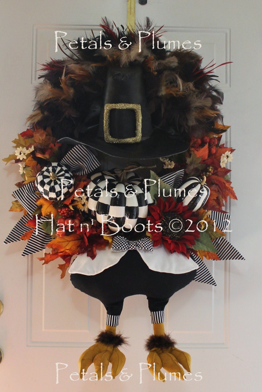 PRE-ORDER-Custom Thanksgiving Wreath-Fall Wreath-"Mr Gobble Gobble" B/W Turkey Wreath(PLEASE See details)Petals & Plumes Original Design